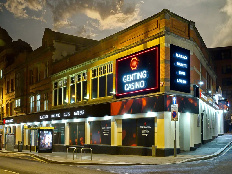 Genting Casino Liverpool illuminated facade at night