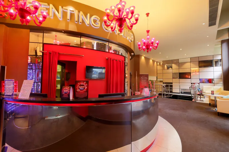 Genting Casino Manchester reception with red chandeliers