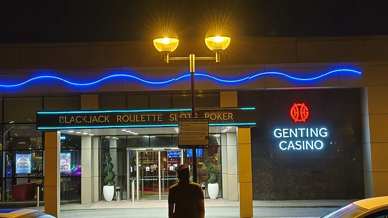 Genting Casino Stoke illuminated entrance at night