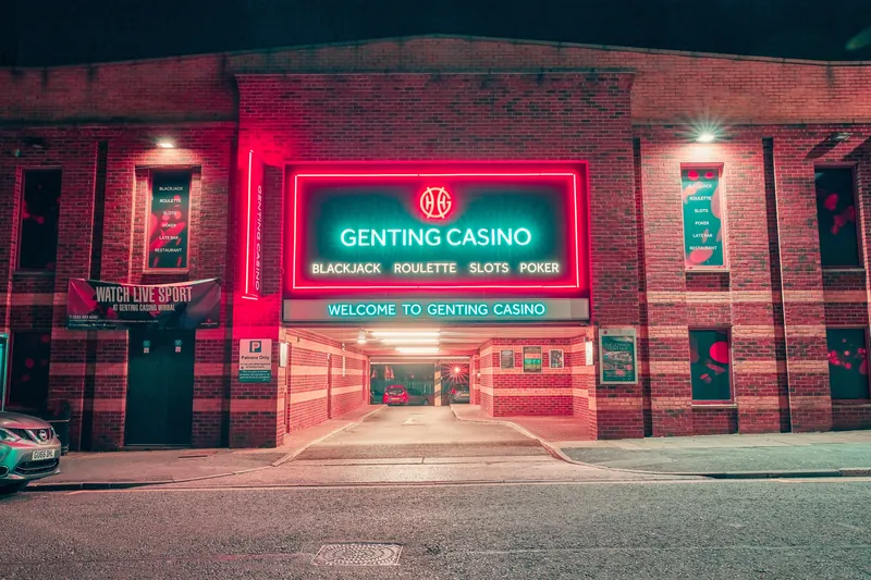 Neon entrance of Genting Casino Wirral at night