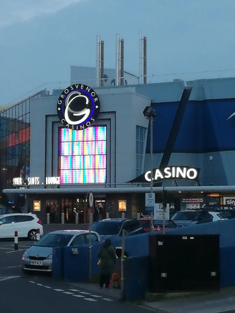Exterior of Grosvenor Casino Blackpool at dusk