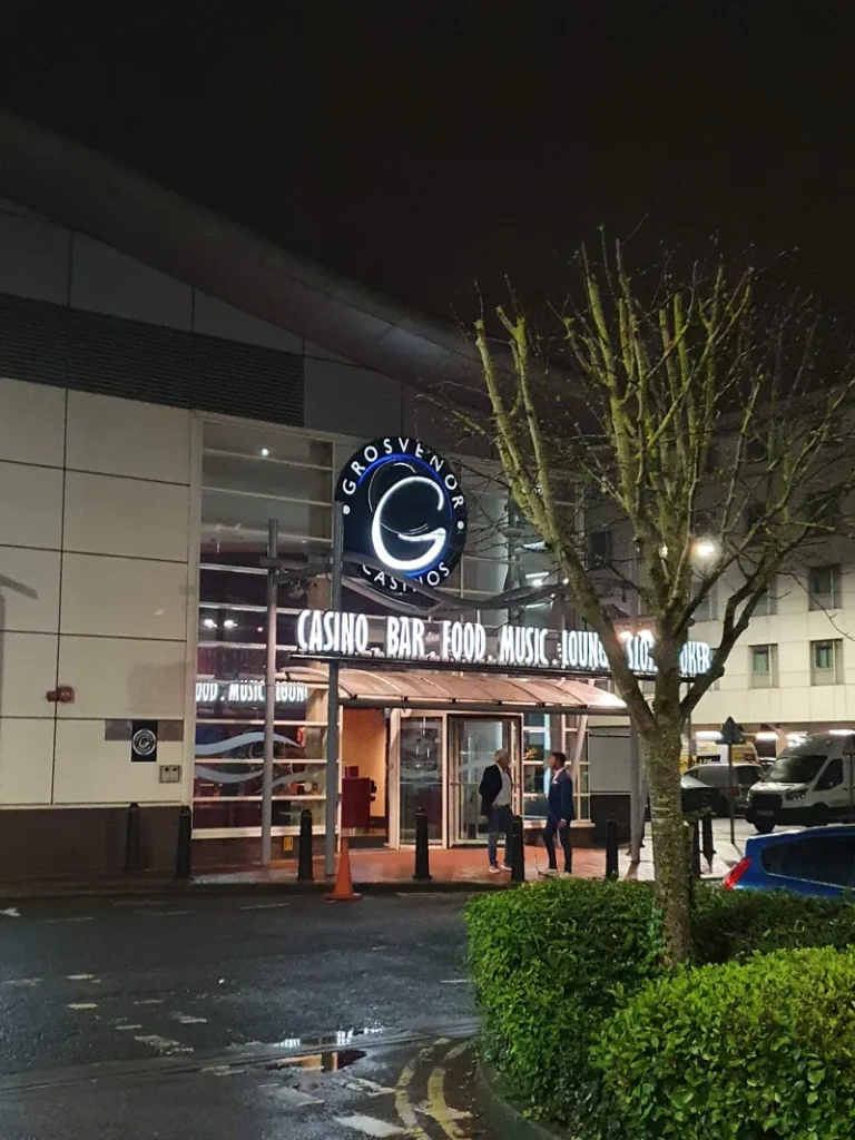 Night exterior of Grosvenor Casino Cardiff