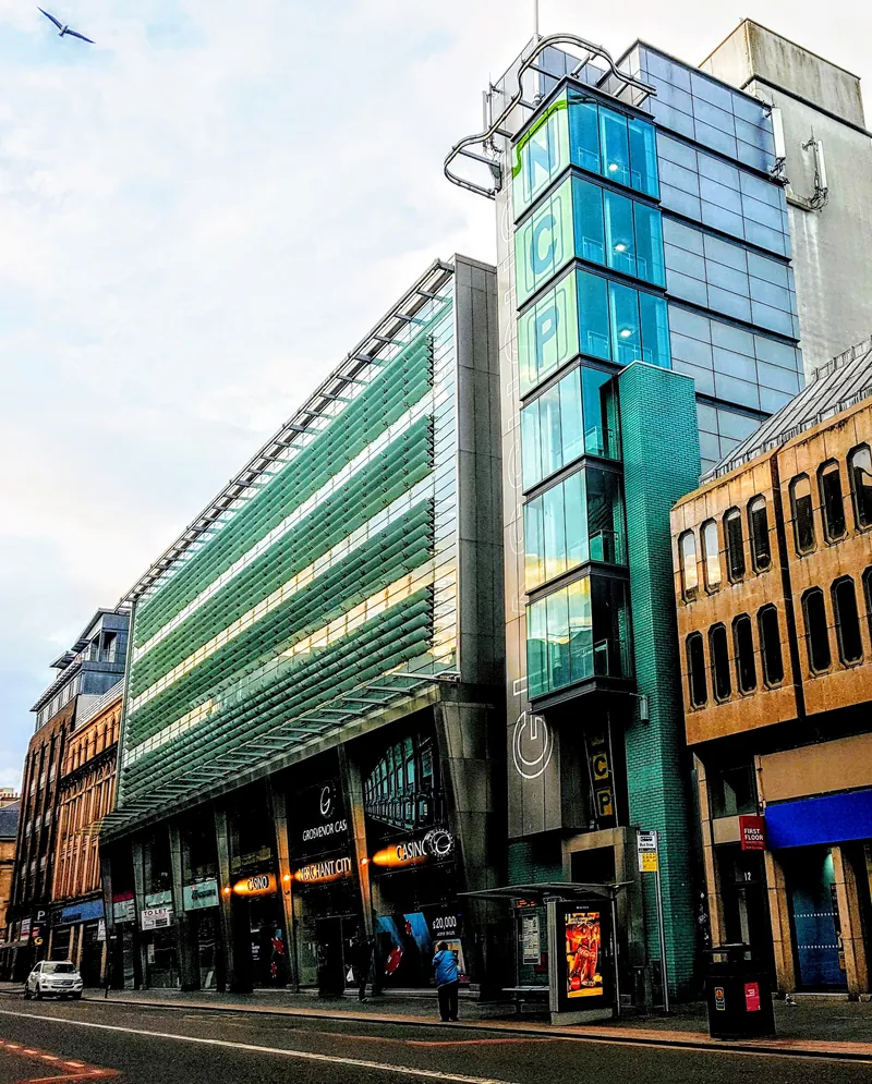 Glass facade of Grosvenor Casino Glasgow Merchant City