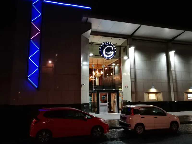 Entrance at night to Grosvenor Casino Glasgow Riverboat