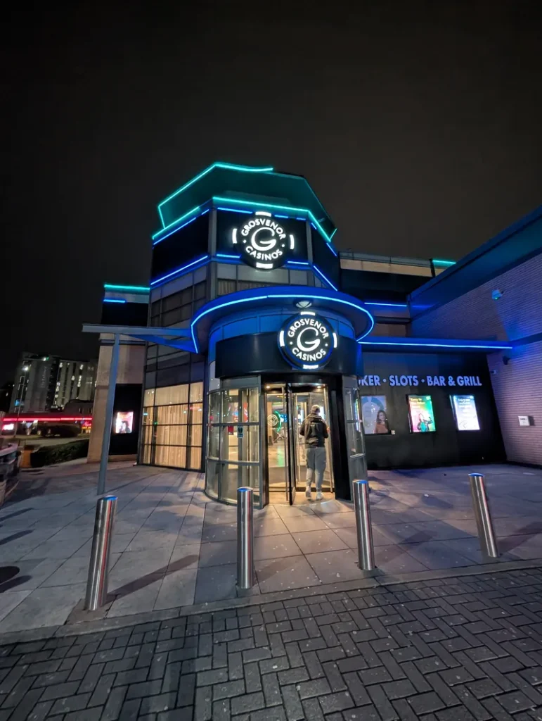 Front entrance to Grosvenor Casino Leeds Westgate at night