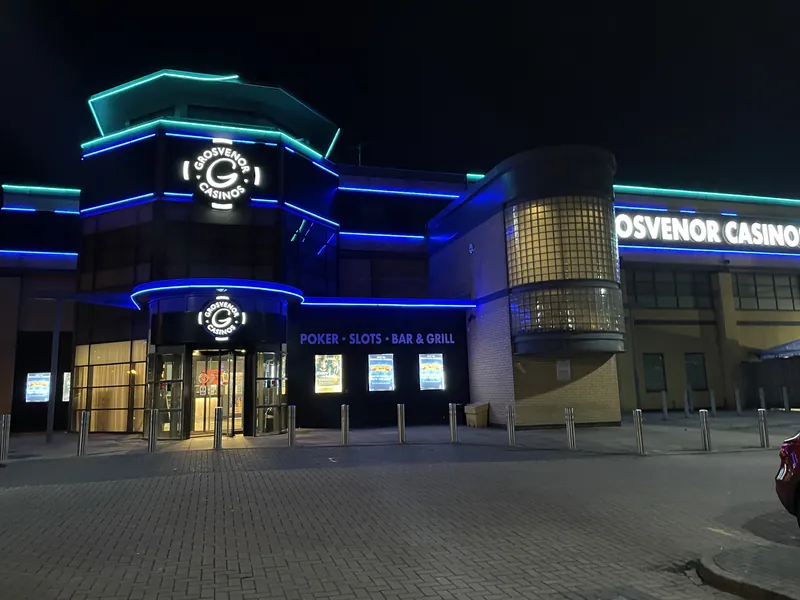 Main entrance to Grosvenor Casino Leeds Westgate at night