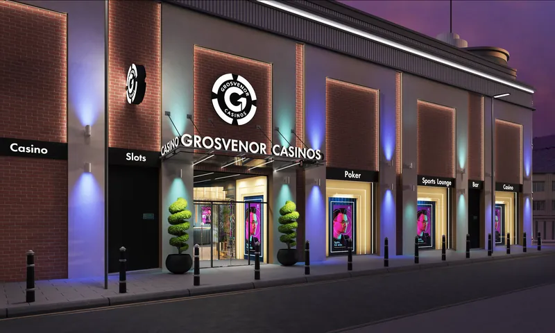 Illuminated exterior rendering of Grosvenor Casino Leicester