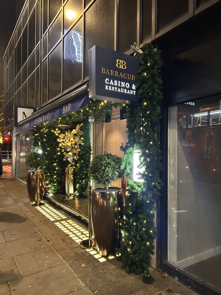 Decorated casino entrance at Grosvenor Casino London The Barracuda