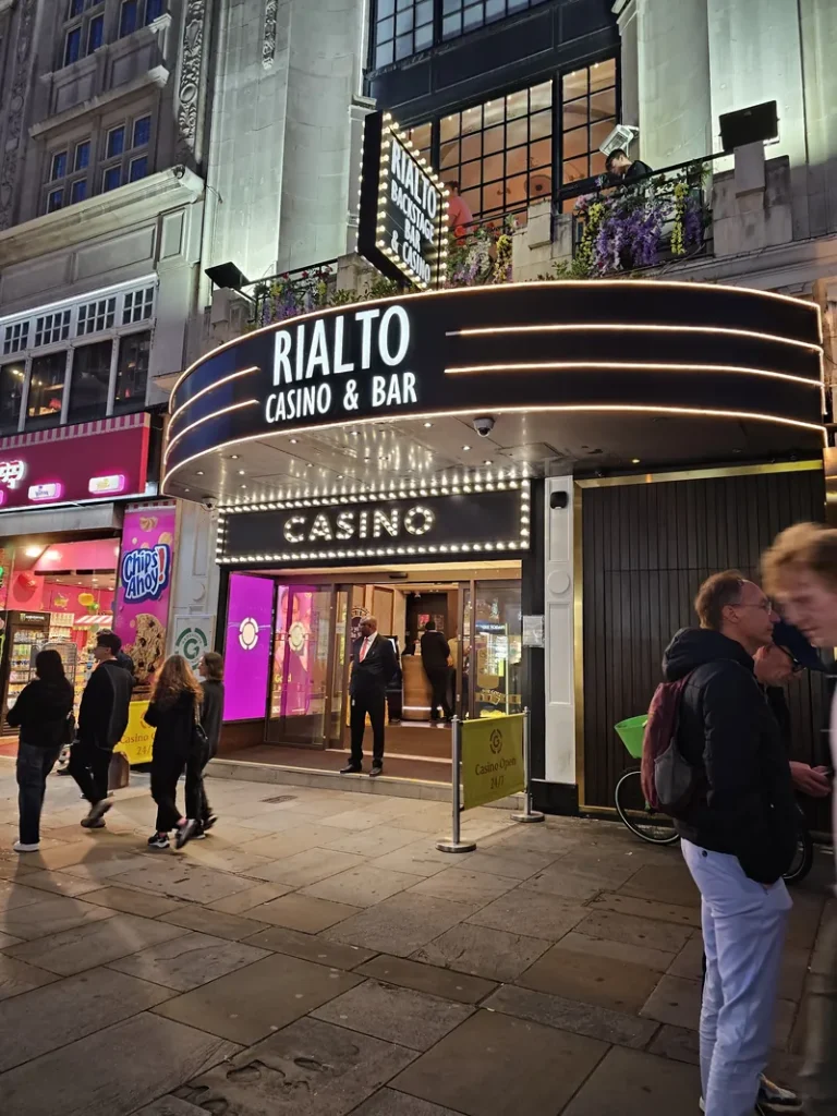 Casino exterior at night at Grosvenor Casino London The Rialto