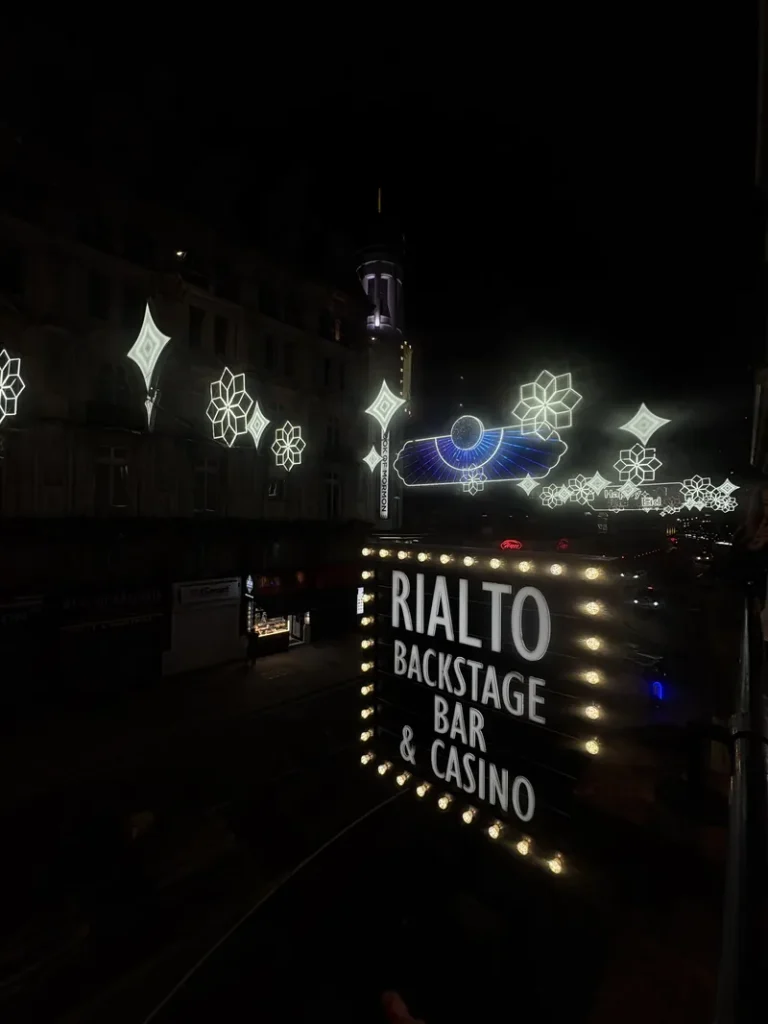 Casino sign at night at Grosvenor Casino London The Rialto