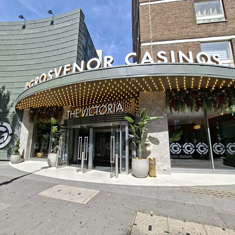 Casino entrance in daylight at Grosvenor Casino London The Victoria