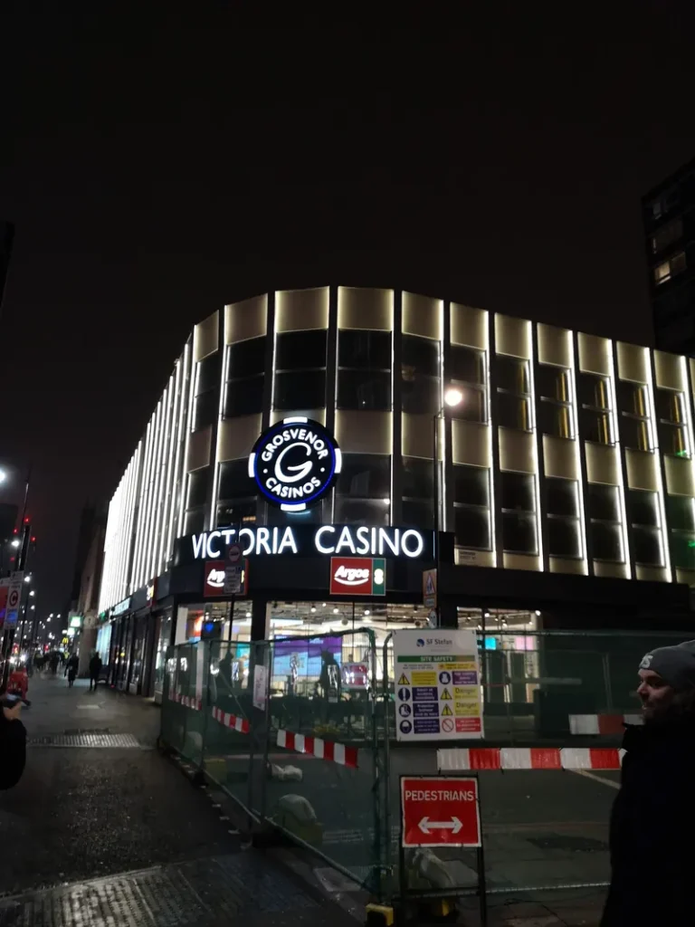 Casino building at night at Grosvenor Casino London The Victoria