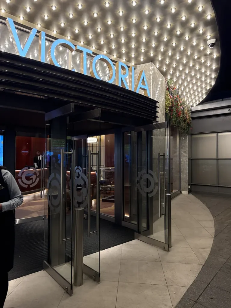 Casino entrance at night at Grosvenor Casino London The Victoria