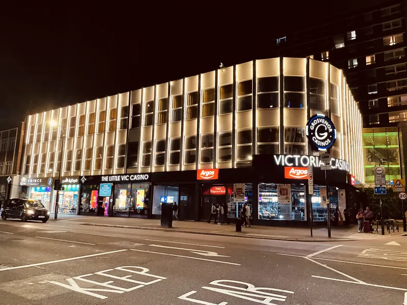 Casino exterior at night at Grosvenor Casino London The Victoria
