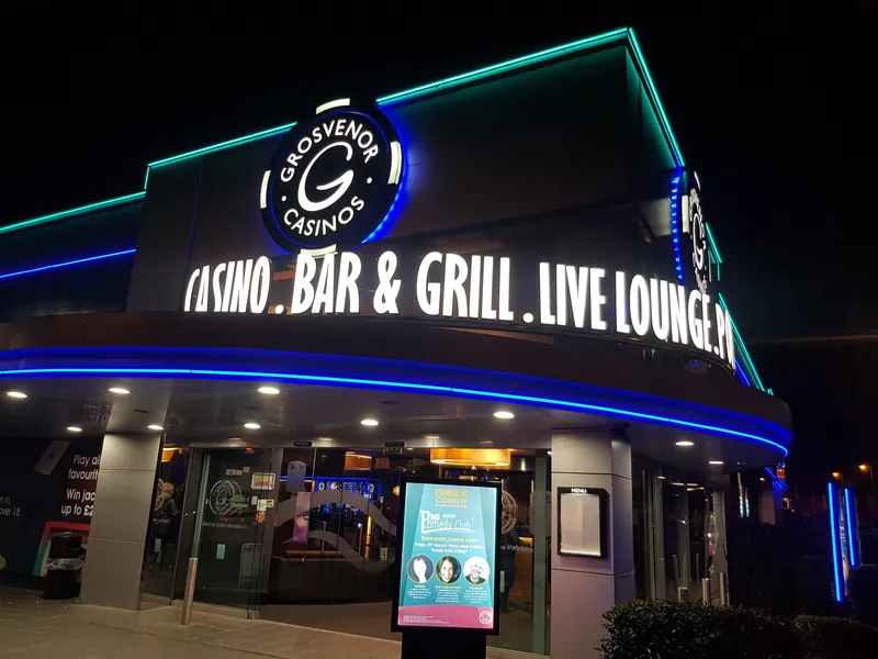 Neon entrance to Grosvenor Casino Luton