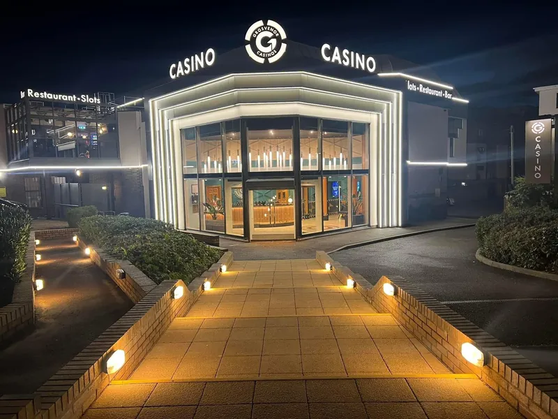 Entrance at night to Grosvenor Casino Northampton