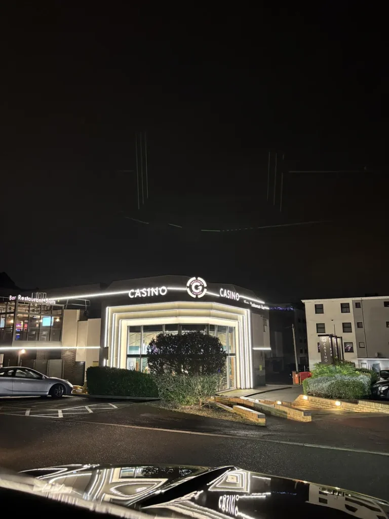 Night facade of Grosvenor Casino Northampton