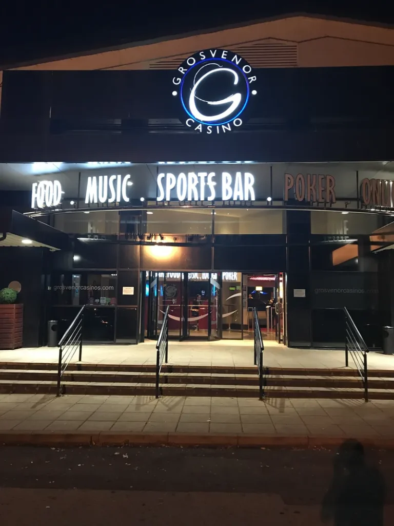Entrance at night to Grosvenor Casino Walsall