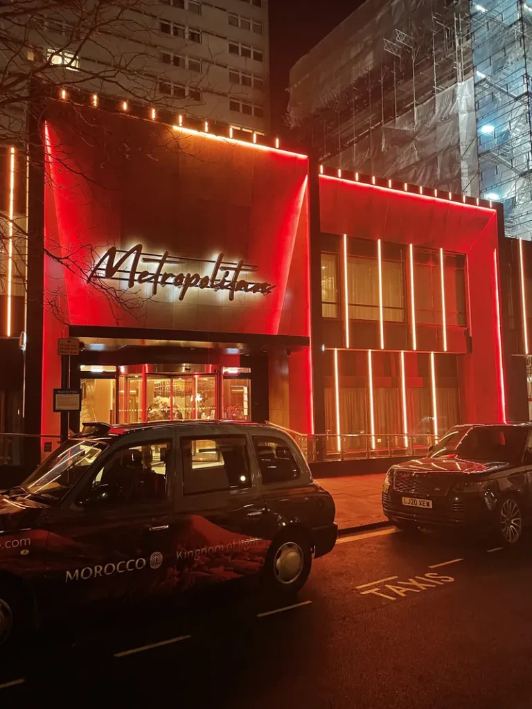 Red exterior of Metropolitan Mayfair